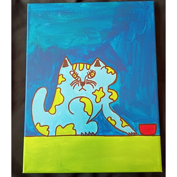 Globe Cat Original Acrylic Painting On Canvas Bedroom Decor Home Decor 11x14" - Picture 1 of 2